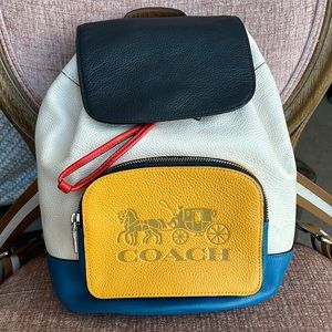 COACH COLOR BLOCK LEATHER JES BACKPACK-BLUE, WHITE, RED & TAN